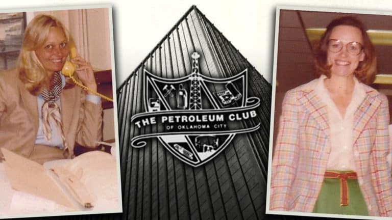 Graphic showing photos of Becky Marshall and Connie Gore with Liberty Tower in the background and The Petroleum Club logo