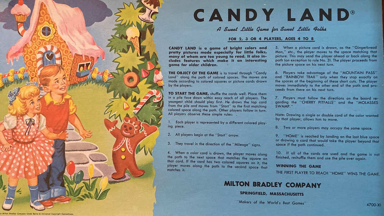 Photo of instructions panel inside box top of vintage Candy Land game