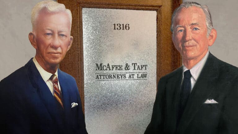 Image of documentary theme thumbnail with title and painted portraits of Kenneth McAfee and Richard Taft